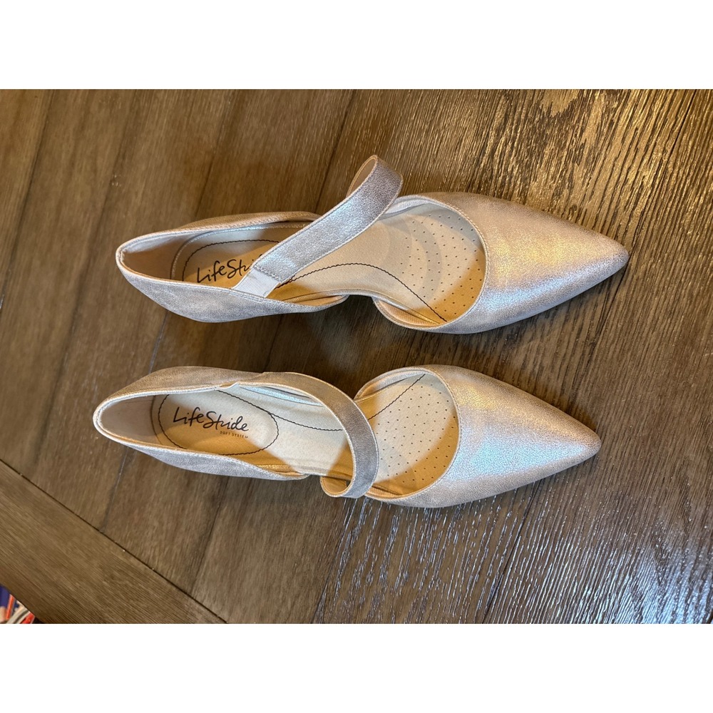 LifeStride Mary Jane Pump Women 10 Champagne Silver Shimmer Pointed Toe Heel